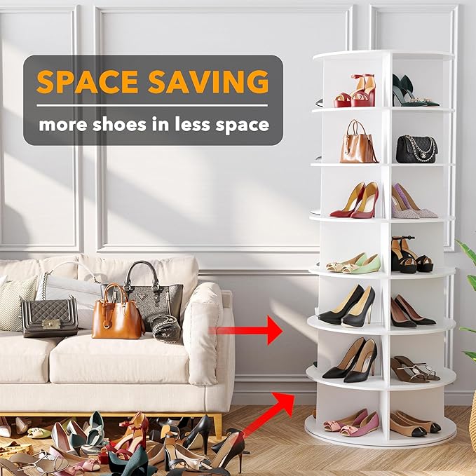 SpaceAid 7 Tier Rotating Shoe Rack Tower, Spinning Shoe Display Lazy Susan, Revolving 360 Shoe Rack Storage Round Carousel, Vertical Handbag Rotate Shoes Closet Organization (7-Tier White)