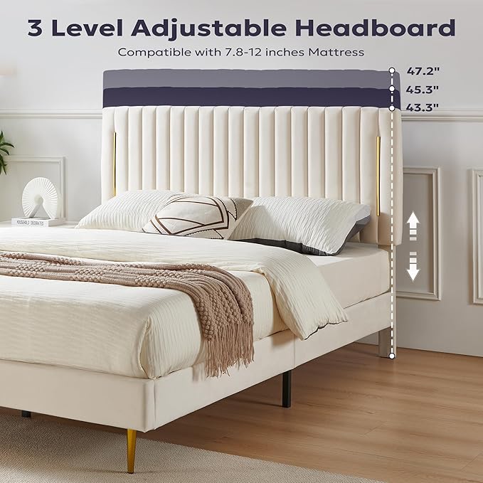 Twin Platform Bed Frame, Velvet Upholstered Bedframe with Vertical Channel Adjustable Headboard, Golden Plating Trim, Mattress Foundation with Wooden Slats, No Box Spring Needed, Beige