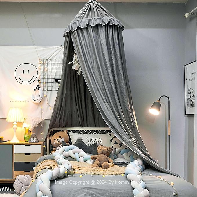 Bed Canopy for Girls, Dreamy Frills Ceiling Hanging Princess Canopy Bedroom Decoration Soft Canopy Net Reading Nook, Extra Large Full Queen Size Bed Canopies - Grey