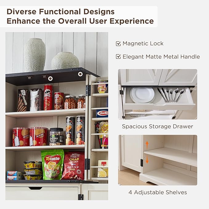 ACCOHOHO 72" Tall Kitchen Pantry, Farmhouse Storage Cabinet with Barn Doors, Organizer, Drawer and Adjustable Shelves, Rustic Wood Cupboard for Kitchen, Dining Room, Bathroom, Off White | Barn Doors, Organizer, Drawer, Adjustable Shelves, Cupboard