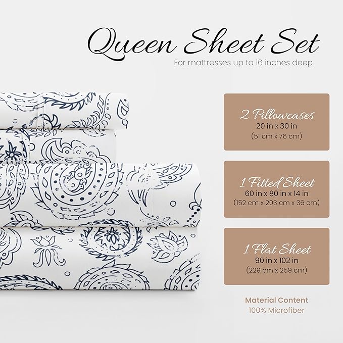 Linen Market Double-Brushed Patterned Microfiber Queen Sheet Set 4 Piece – Oeko-TEX Certified Ultra Soft & Wrinkle-Free - 16" Deep Pocket Sheets - Easy Care Queen Size - Coarse Paisley Navy