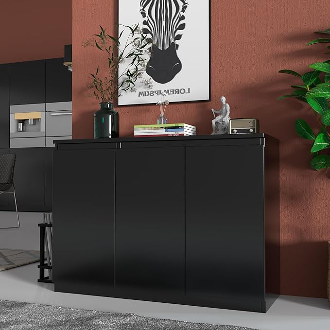 Black Buffet Storage Cabinet with 3 Door, 43" W Coffee Bar Cabinet, Kitchen Buffet Sideboard for Living Room, Kitchen, 43.3" W x 31.5" H