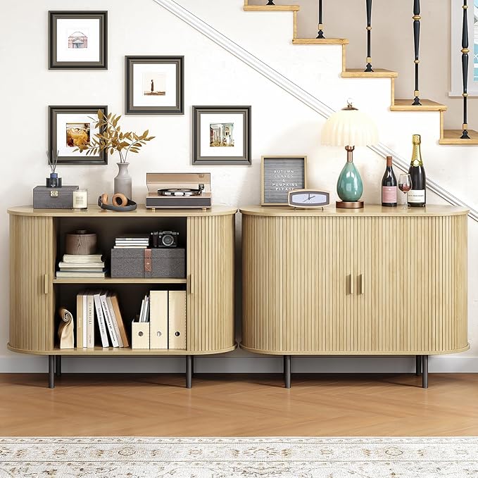 Buffet Cabinet with Storage, Fluted Sideboard Buffet with Sliding Door, Coffee Bar Cabinet with Adjustable Shelf, Console Table, Accent Table for Entryway, Kitchen (Oak, 40 Inch)