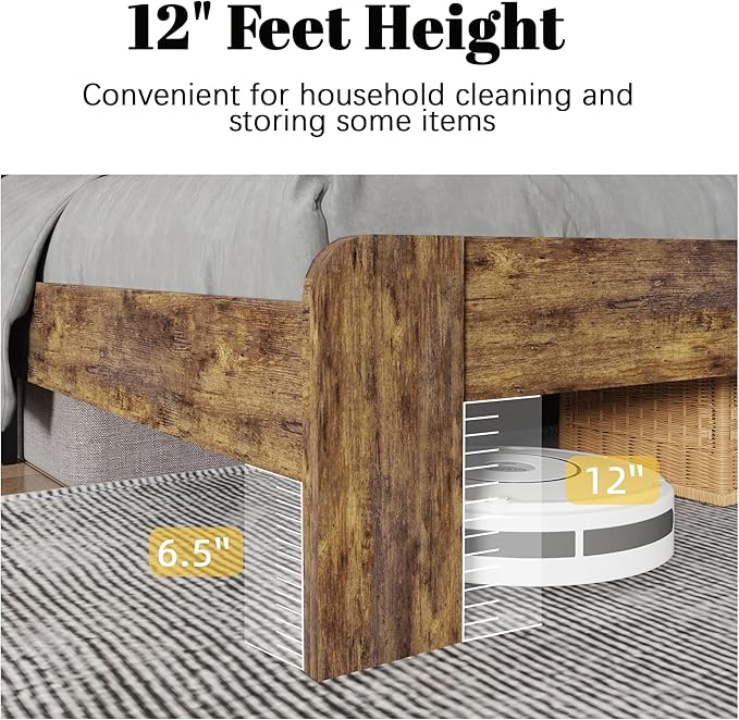 King Size Bed Frame with Farmhouse Headboard, Rustic Boho Wooden Bedframe with LED Lights and Charging Station, Easy Assembly, No Box Spring Needed (Brown, King)