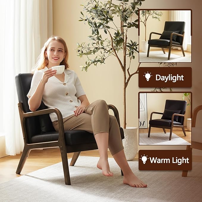 Accent Chair Mid Century Modern Armchair with Lumbar Support Pillow Wood Legs PU Leather Upholstered Lounge Chairs Comfy High Back Cushion for Living Room Bedroom