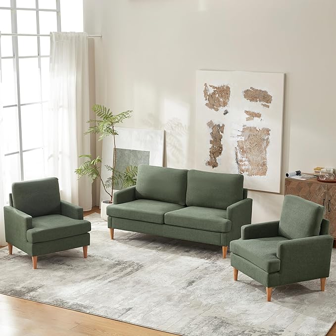 VKNOW Mid-Century Accent Chairs Set of 2, No Tools Assembly Required, Modern Upholstered Polyester Armchairs for Living Room & Bedroom, Comfortable Reading Chairs with Wood Legs, Green