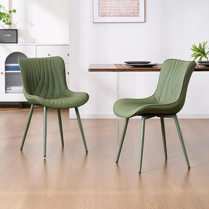YOUTASTE Upholstered Leather Dining Chairs Set of 2 All Olive Green, Mid Century Modern Comfy Kitchen Dining Room Chair, Green Metal Legs, Armless Accent Chair for Living Room Bedroom