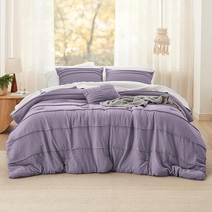 Bedsure Full Comforter Set - 4 Pieces Pinch Pleat Bed Set, Purple Boho Bedding for All Season, 1 Soft Comforter, 2 Pillowcases, 1 Decorative Pillow