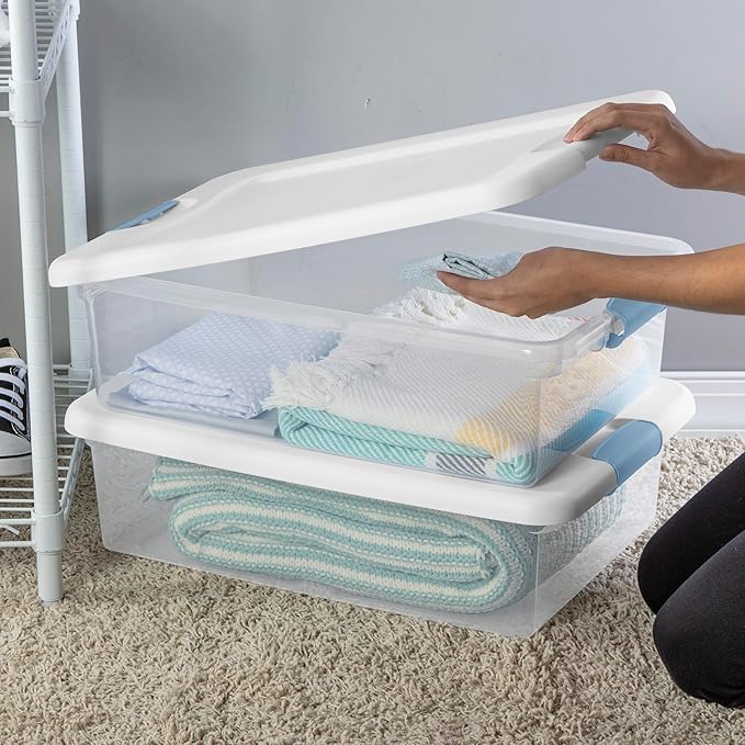 Sterilite 18-Pack Latching Box, Under Bed Storage Bins with Lids, Clear Plastic, 32 Quart - Heavy-Duty Organizing Containers for Closet, Bathroom, and Office