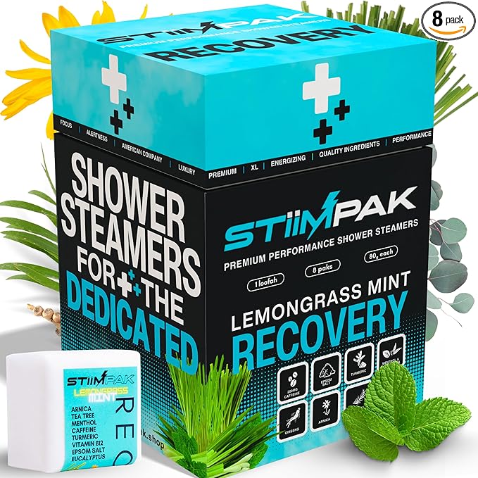 Shower Steamers for Sinus Relief | Recovery | XXL 80g Post-Workout, Allergies, Cold & Flu | Eucalyptus, Tea Tree, Turmeric, Arnica, Caffeine, Menthol | MAX Strength Aromatherapy | STiiMPAK (8 Pack)