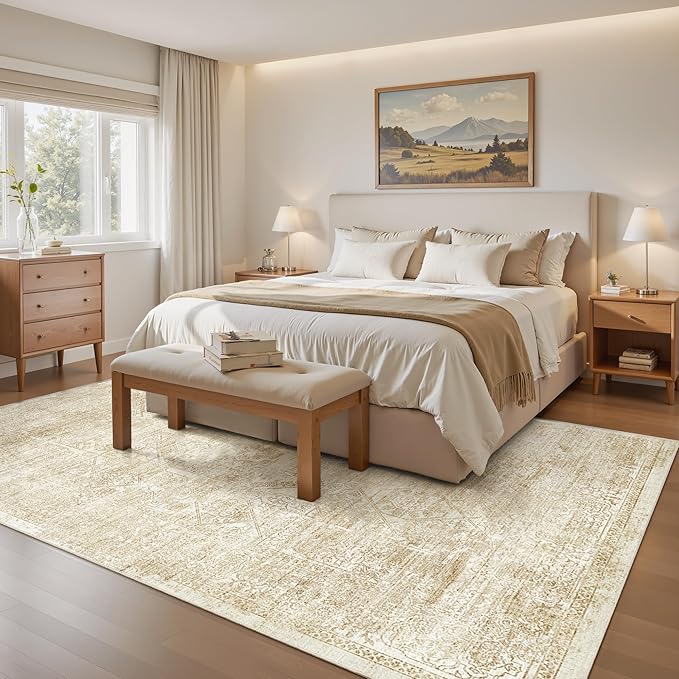 5x7 Area Rugs Beige Low Pile Indoor Washable Trendy Faded Style Floral Rugs for Bedroom Living Room Dining Room Foldable Non-Slip Thin Print Mat
