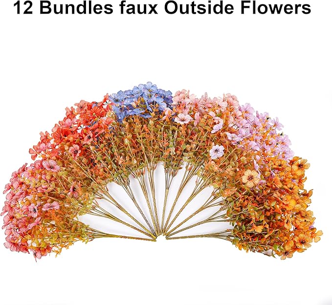 HyeFlora Artificial Fall Flowers Faux Mums for Outdoor Indoor Garden Home Decoration, Faux Flower Daisy with Eucalyptus Leaves Fake Plants Greenery Boxwood Porch Patio, 12 Bundles (6 Fall Multicolor)