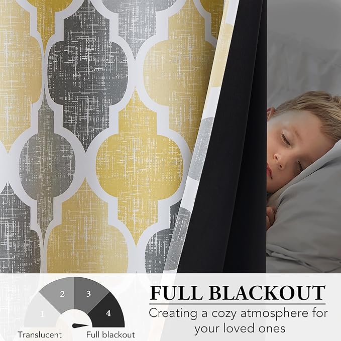 Beauoop 100% Blackout Curtains 96 Inches Long for Patio Sliding Door Yellow Grey Extra Wide Moroccan Geo Room Darkening Thermal Soundproof Room Divider Grommet Window Treatment Drapes,100x96 Set of 1