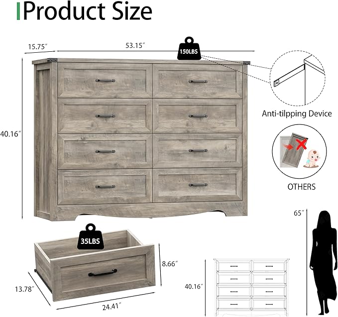 Dresser for Bedroom with 8 Drawers, 54" Wide Wood Chest of Drawers with Deep Drawers & Mental Handle, Modern Dresser TV Stand, Wooden Closet Storage Organizer for Living Room, Hallway, Entryway, Grey