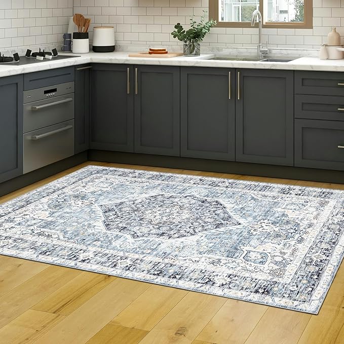 Area Rug 4×6, Vintage Boho Rug,Ultra-Soft Low Pile, Washable, Non Slip,Stain Resistant Printed Carpet for Living Room Bedrooms Playroom Office Kitchen, Light Blue