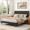 Full Size Bed Frame with Diamond Tufted Headboard, Linen Upholstered Platform Bed and Wooden Slat Support, Noise-Free, No Box Spring Needed, Easy Assembly, Dark Grey