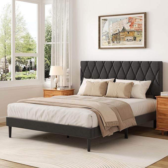 Queen Size Bed Frame with Diamond Tufted Headboard, Linen Upholstered Platform Bed and Wooden Slat Support, Noise-Free, No Box Spring Needed, Easy Assembly, Dark Grey