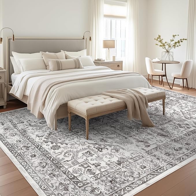 zesthome 6x9 Area Rug, Super Soft Washable Rugs for Living Room, Non-Slip Stain Resistant Vintage Rugs, Ultra-Thin Large Area Rugs (Grey/White,6'x9')