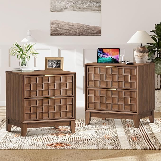 COLAMY Night Stand Set of 2, Nightstand with Charging Station, 22" Modern Bed Side Table with 2 Storage Drawers and Chessboard Relieffor Bedroom, Dorm and Small Spaces - Walnut