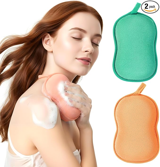 2Pcs Bath Sponge, Ultra Soft Absorbent Sponge for Bathing, Exfoliating Shower Loofah Sponges Bathing Tool for Men Women Body Skin(Green+Orange)
