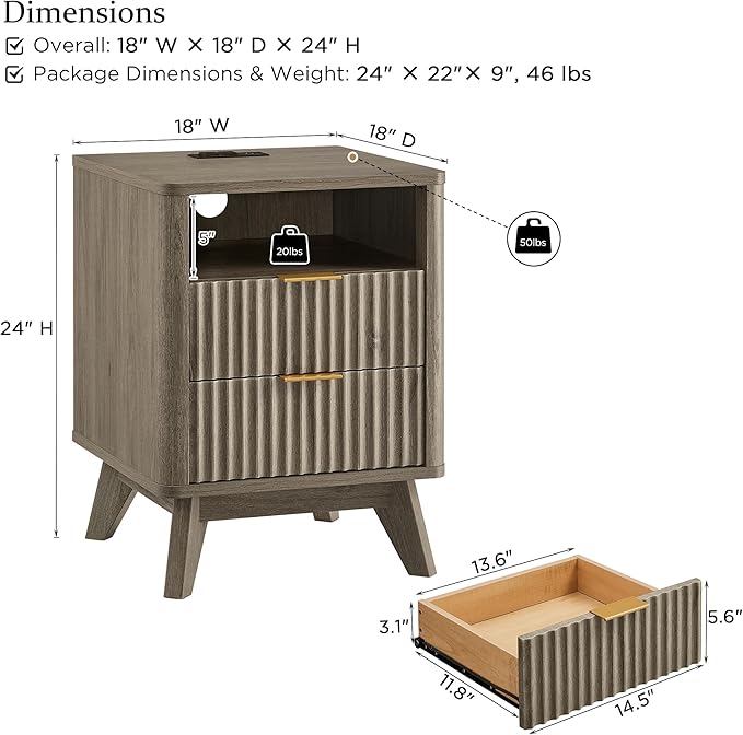 T4TREAM Fluted Nightstand with Charging Station, 18" Modern Side Table with 2 Drawers, End Table w/Storage, Bedside for Bedroom, Living Room, Curved Profile Design, Grey Alder