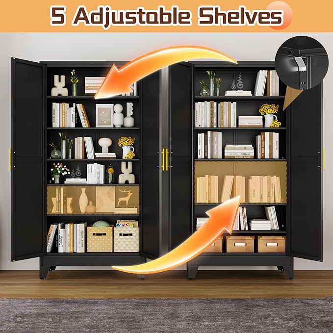 75" Metal Kitchen Pantry Cabinet,Black Storage Cabinet with Doors and 5 Adjustable Shelves, Cabinet with 2 Metal Handles,Tall Cabinet for Livingroom,Pantry, Bathroom,Kitchen