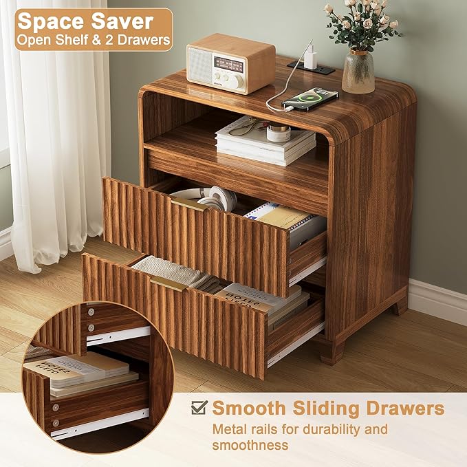 3 Pcs Dresser Closet Bedroom Set, 7 Drawer Fluted Dresser and Nightstand Set of 2 with Charging Station, Modern Bed Side Table Chest of Drawers Storage Cabinet Set for Bedroom, Living Room, Walnut