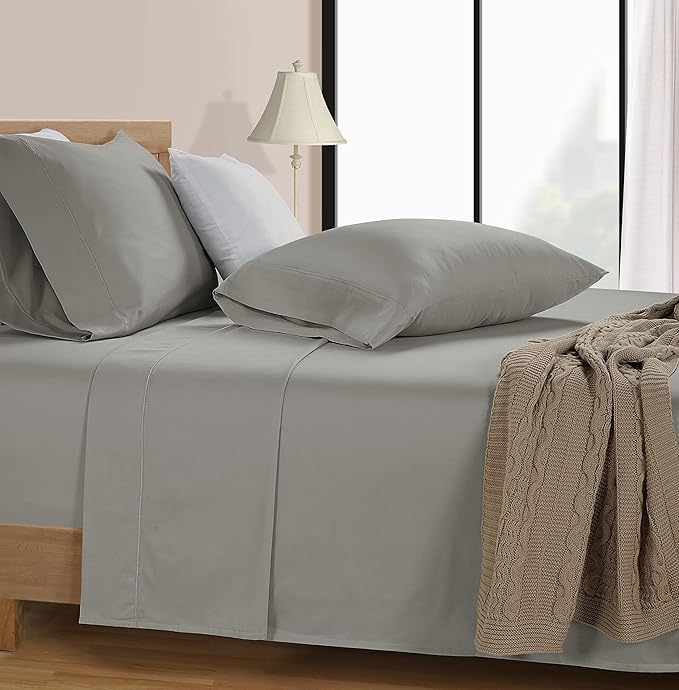 LANE LINEN Queen Size Sheet Set – 600 Thread Count Natural 100% Cotton Sheets, Cooling Bed Sheets, Durable Bedding for Daily Use, Fade Resistant, Snug Fit 15" Deep Pocket Fitted Sheet – Silver