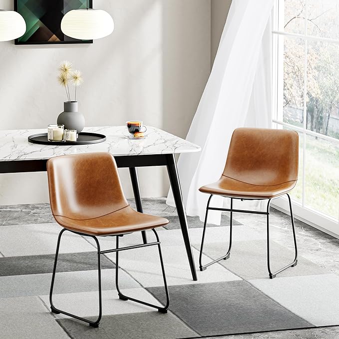 Dining Chairs Set of 2, 18 Inch Modern Armless Dining Chair with Back, Faux Leather Kitchen Dining Room Chair with Metal Legs for Home, Bistro Coffee Shops (Brown)