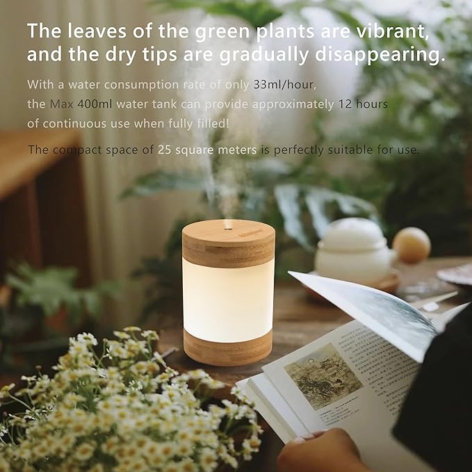 Bamboo Ultrasonic Mini Humidifier, 400ml Quiet Desktop Humidifier with Dual LED Night Light, USB-C Powered, Auto Shut-Off, Portable Small Room Air Moisturizer for Bedroom, Desk, Office & Travel