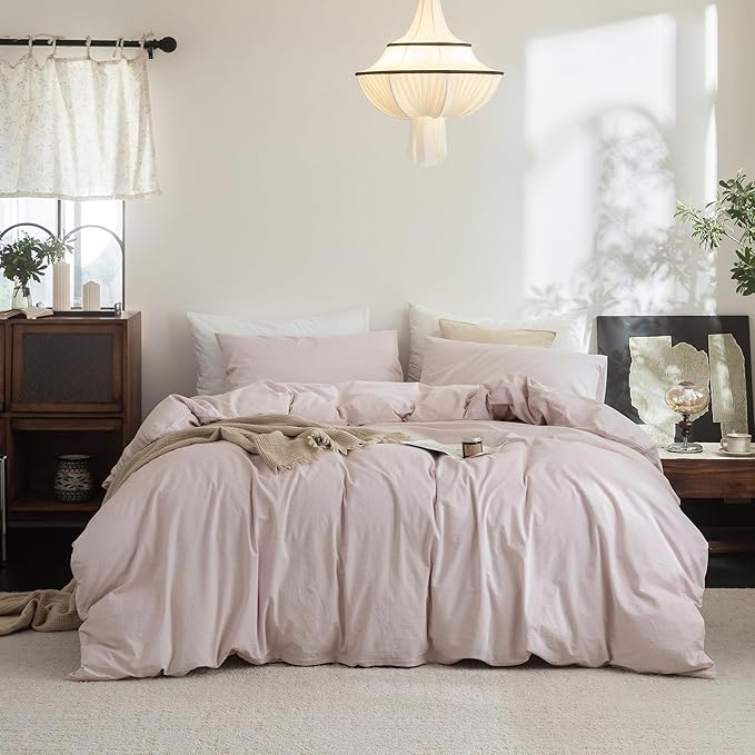 FOSSA Duvet Cover Set 100% Washed Cotton Linen Feel Super Soft Breathable Cozy 3 Pieces Bedding Sets Solid Greyish Pink California King