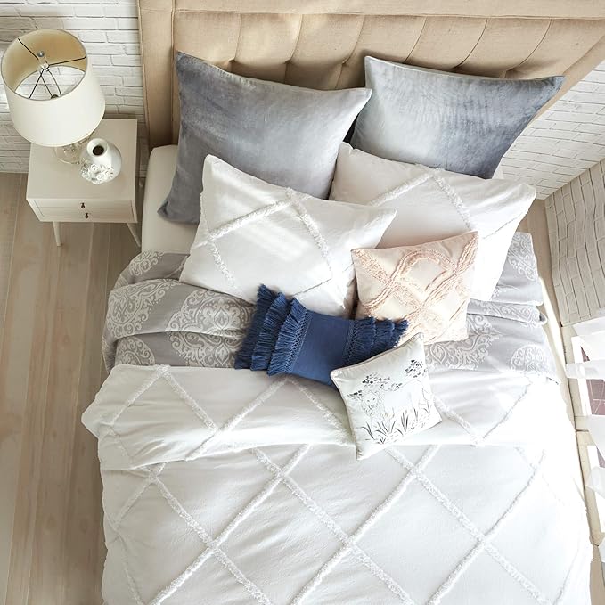 Chenille Lattice 100% Cotton Duvet Cover, Full/Queen, White