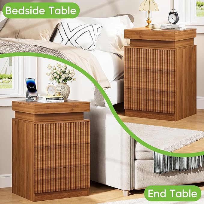 Nightstand with Charging Station & LED Lights, Small Modern Fluted Bedside & End Table with 3 Drawers, Sliding Top & Hidden Storage, Wooden Farmhouse Night Stand for Bedroom Office or Sofa, Walnut