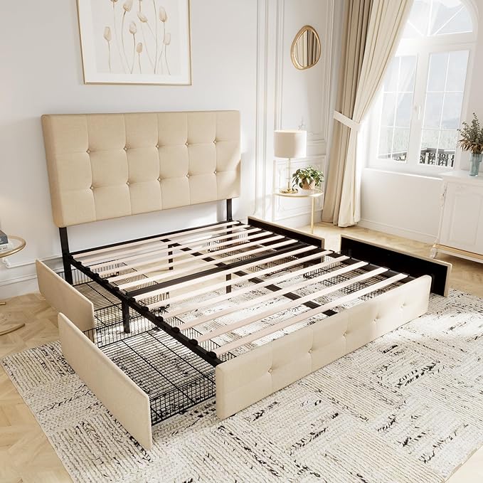 Allewie Upholstered Full Size Platform Bed Frame with 4 Storage Drawers and Headboard, Square Stitched Button Tufted, Mattress Foundation with Wooden Slats Support, No Box Spring Needed, Beige
