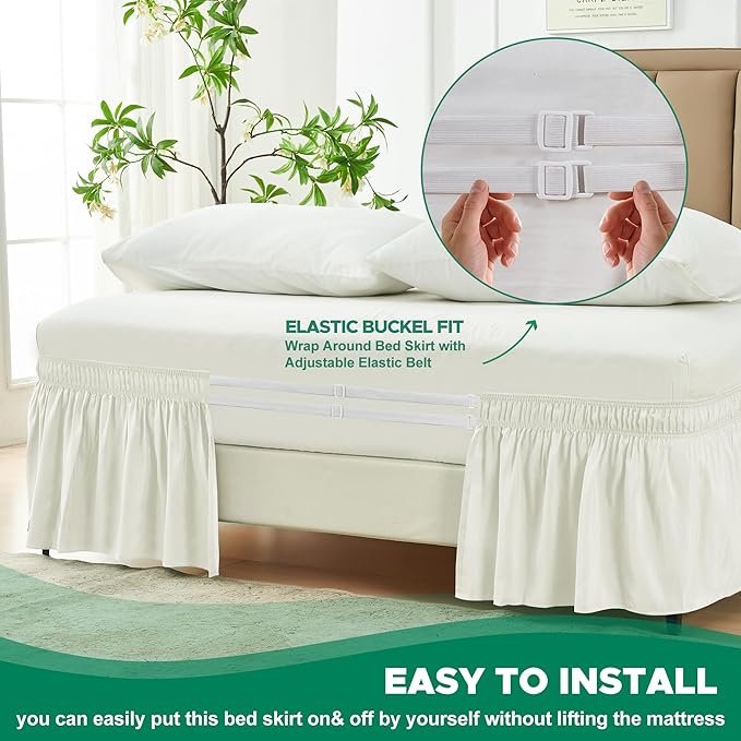Biscaynebay Wrap Around Bed Skirts for Queen Beds Extra Long Drop of 25", Ivory Elastic Adjustable Elastic Dust Ruffles Easy Fit Wrinkle Resistant Silky Luxurious Fabric Machine Washable