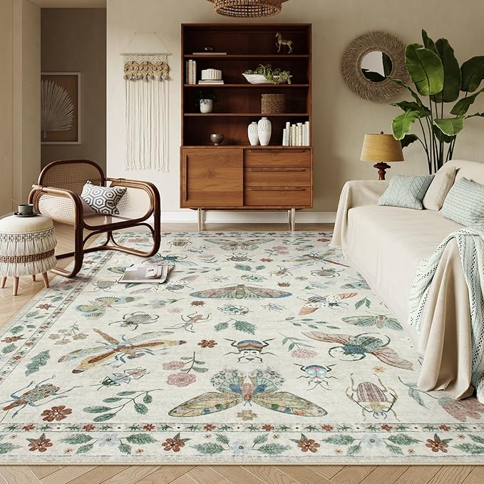 Lahome Insect 9x12 Area Rugs for Living Room Bedroom, Soft Washable Rugs 9x12 Stain Resistant, Ultra-Thin Non-Slip Dining Room Rug Non-Shedding Accent Carpet for Office(9x12ft,Beige)