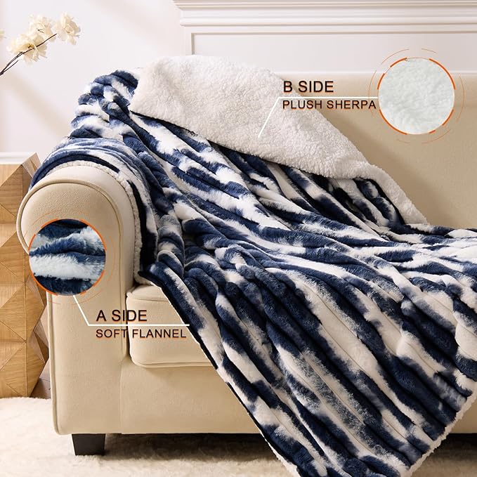 Heated Blanket Twin - 62"x84" Fast Heating Bed Electric Blankets with 6 Heating Levels & 10 Hours Auto Off, Soft Ribbed Faux Fur Sherpa, Over-Heated Protection ETL, Navy Blue