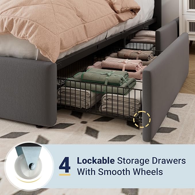 Allewie King Size Storage Bed Frame, Vertical Channel Tufted Adjustable Headboard, Velvet Upholstered Platform Bed with 4 Oversized Underbed Drawers, Wooden Slats Support, No Box Spring Needed, Grey