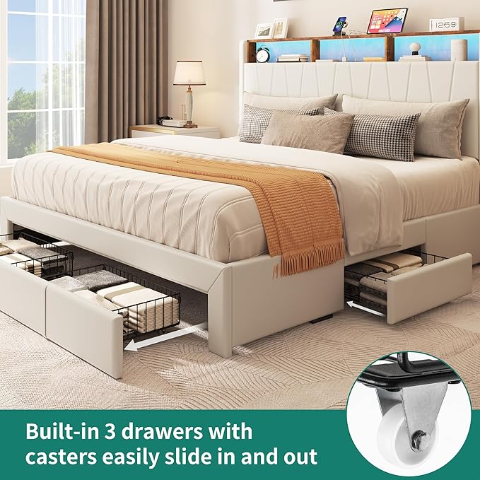 YITAHOME King Size Bed Frame, Storage Bed Frame with 4 Drawers & LED Light, Platform Bed with Storage Upholstered Headboard and Charging Station, No Box Spring Needed, Easy Assembly, Beige