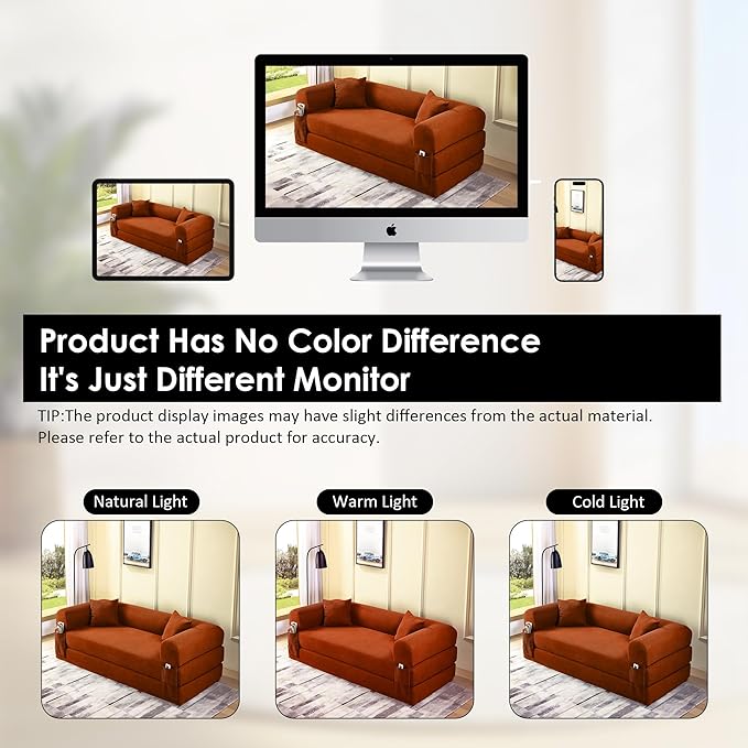 80" Convertible Sofa Bed, 3-in-1 Corduroy Folding Pull Out Couch with Pillows, No Assembly Modern Boneless Couch Compression Sofa in Box, Floor Sofa with Side Storage Pocket for Living Room, Orange