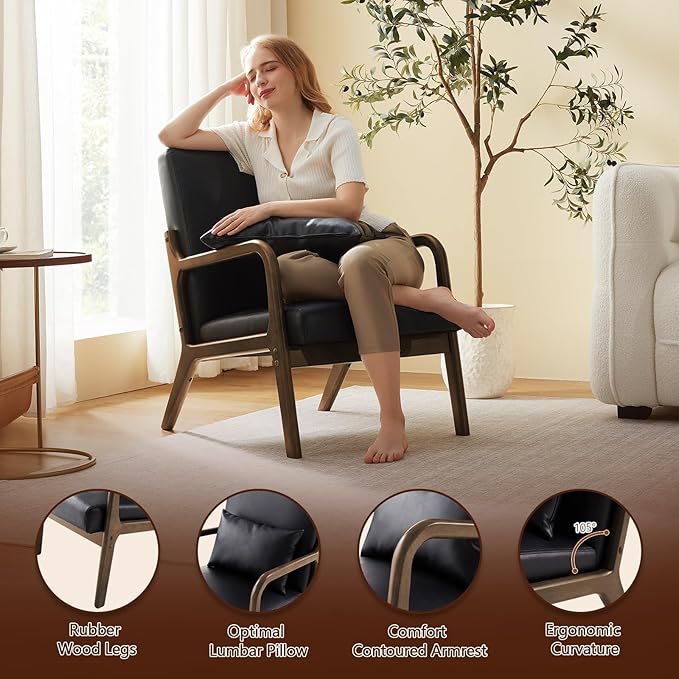 Accent Chair Mid Century Modern Armchair with Lumbar Support Pillow Wood Legs PU Leather Upholstered Lounge Chairs Comfy High Back Cushion for Living Room Bedroom