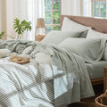 MooMee Bedding Sheet Set 100% Washed Cotton Linen Like Textured Breathable Durable Soft Comfy (Heathered Sage Green, Twin)
