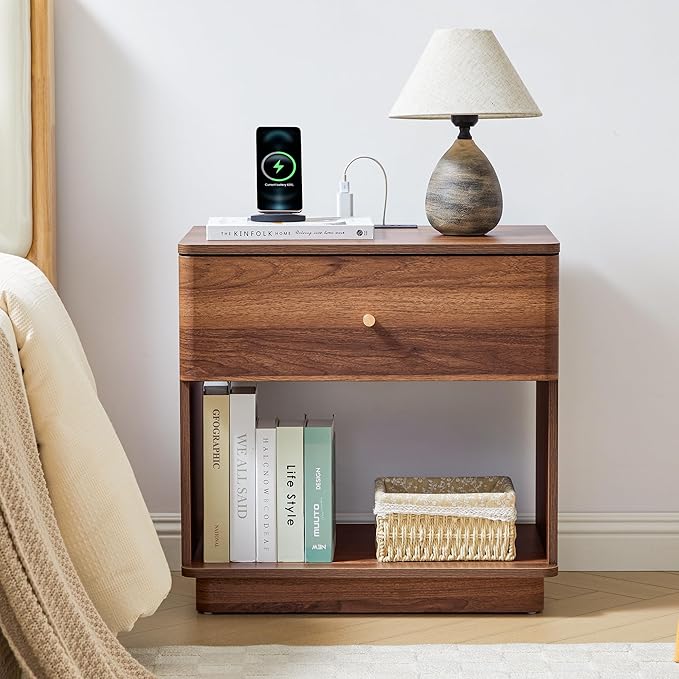 Narrow Nightstand Set of 2, Wooden Small 2 Drawer Nightstand, Slim Side End Table, Skinny Bedside Table, Mid Century Modern Night Stand with Drawers, for Living Room (Walnut-Charging Station-2 pcs)