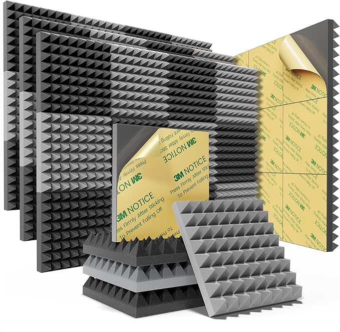 Sonicism Soundproof Wall Panels Self-Adhesive Pyramid 48 Pack,2" X 12" X 12" Acoustic Panels High Density Sound Proof Foam Panels for walls Fast Expand,Sound Absorption & Decoration(Black/Gray)