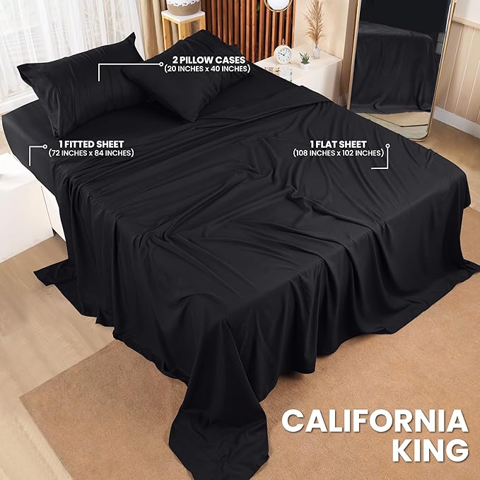 Utopia Bedding California King Sheet Set – 4 Piece Bed Sheets for Cal King Size Bed, Soft and Breathable Microfiber, Includes 1 Fitted Sheet, 1 Flat Sheet and 2 Pillowcases (Black)