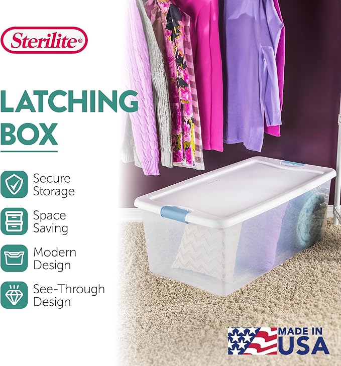 Sterilite 24-Pack Latching Box, Under Bed Storage Bins with Lids, Clear Plastic, 106 Quart - Heavy-Duty Organizing Containers for Closet, Bathroom, and Office