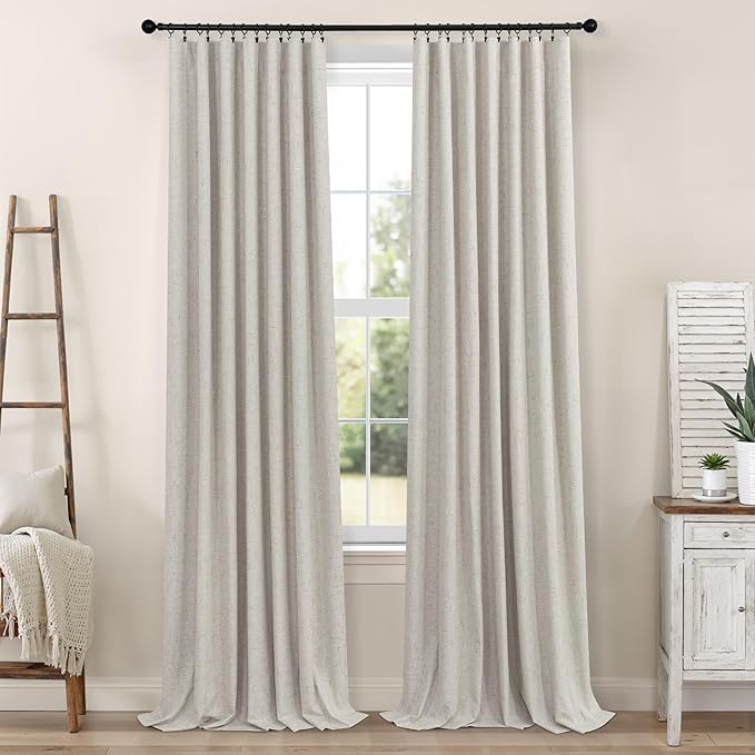 Blackout Linen Curtains 96 Inches Long for Living Room 2 Panel Set Black Out Light Blocking Back Tab Neutral Boho Farmhouse 96 Inch Curtain Drapes for Bedroom Window Earth Tone Stone Birch Taupe Tan