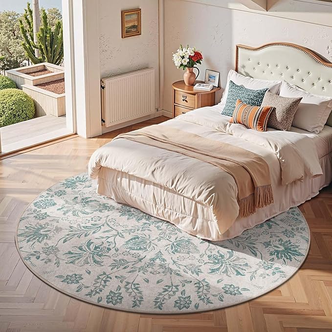 jinchan Torino Classic Floral Round Rug 7ft Vintage-Inspired Design 7’Circle Rug Machine Washable Ultra-Thin Low-Pile Non-Slip Indoor Carpet for Bedroom Dining Room Living Room