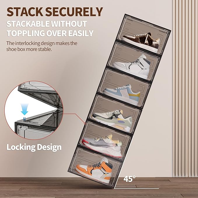 6 Pack XX Large Shoe Organizer, Heavy-Duty Hard Thicken Plastic Clear Stackable Shoe Storage Box Organizer for Closet, Space-Saving Shoe Rack Display Case Bin Containers for Sneakers, Grey
