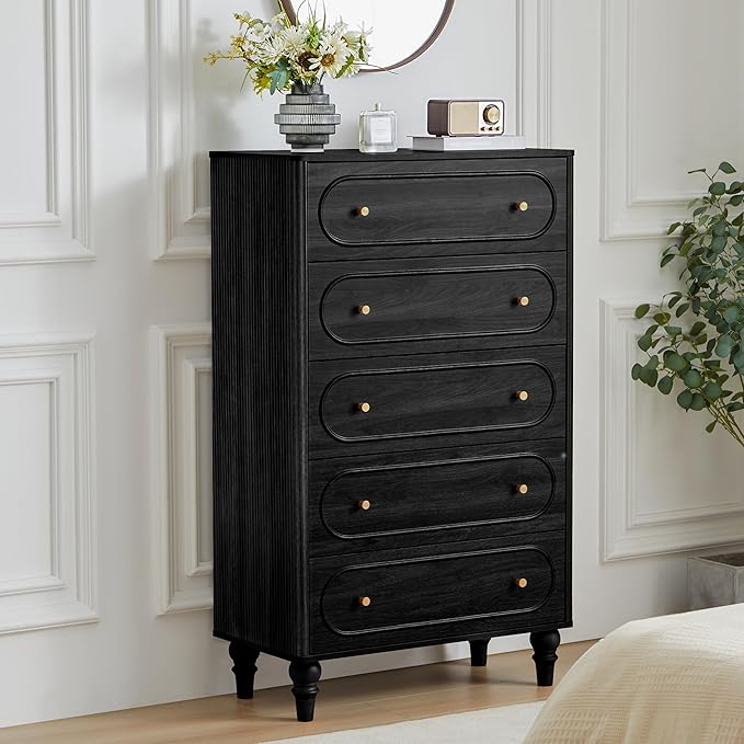 ORRD 5 Drawer Fluted Dresser for Bedroom Set of 2, Mid Century Modern Chest of Drawers, Wood Storage Large Dresser Organizer for Bedroom Living Room Hallway Closet, Black